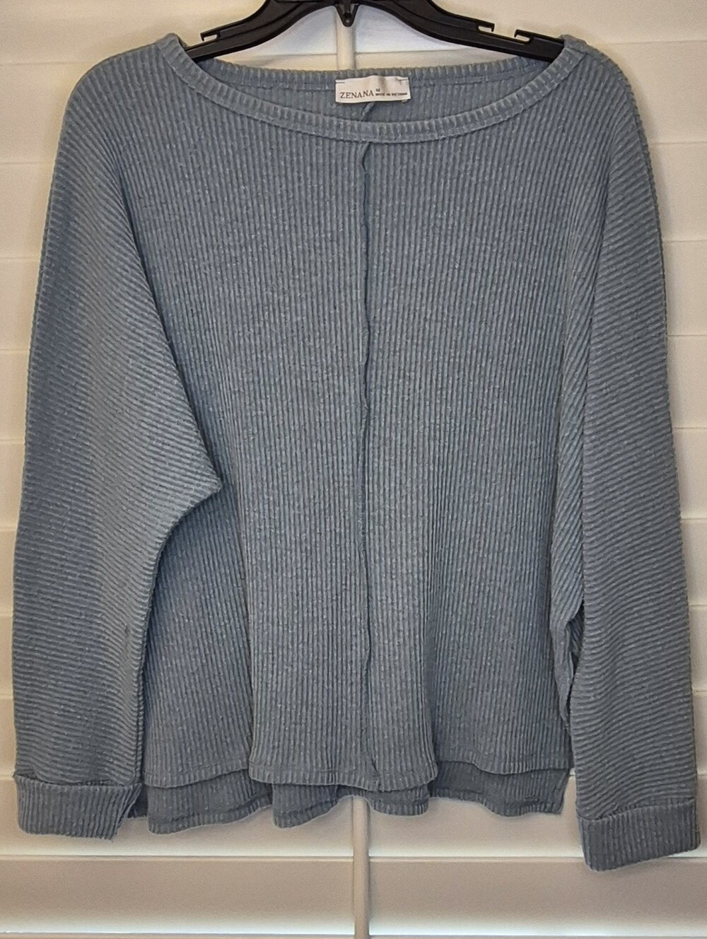 Zenana Outfitters Dusty Blue Ribbed Knit Exposed Seam Sweater Sz M Oversized